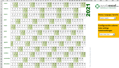Plantilla calendario idiomas Excel 2021
