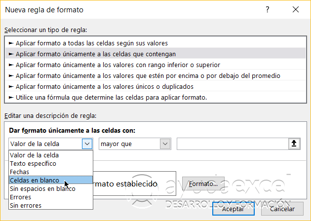 celdas en blanco formato condicional