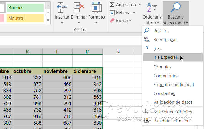 resaltar celdas en blanco ir a excel