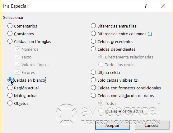 celdas en blanco excel ir a especial