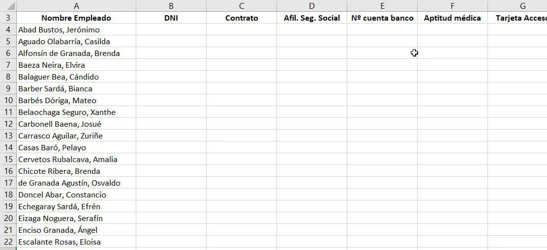personal documentación excel