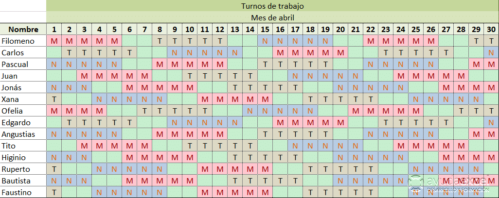 Calendario de turnos excel