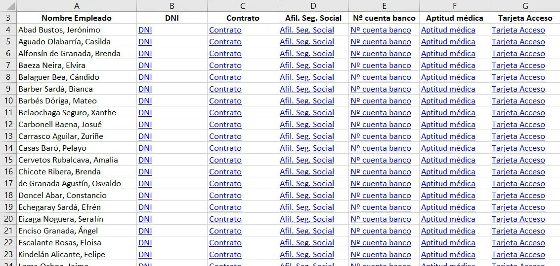tabla documentación excel