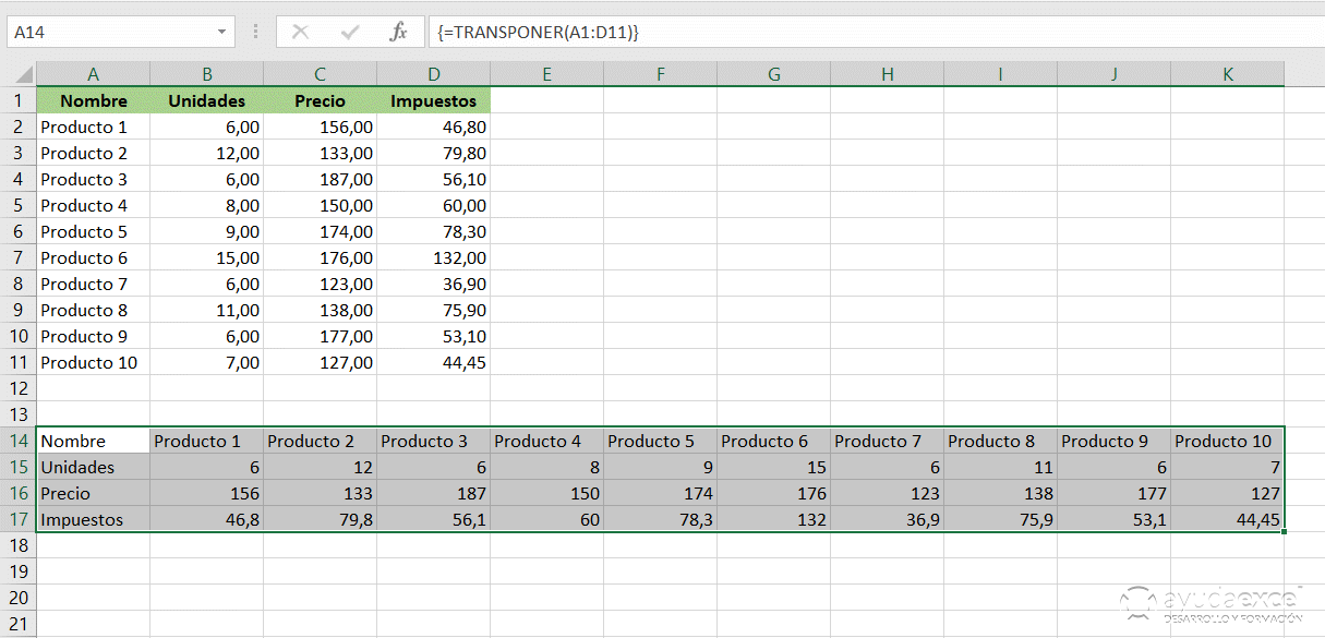 transponer fórmula matricial excel