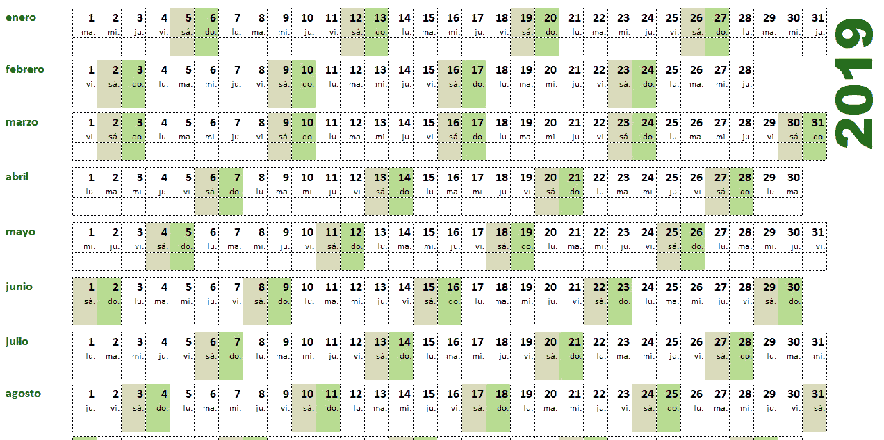 Calendario 2019 Por Semanas Excel