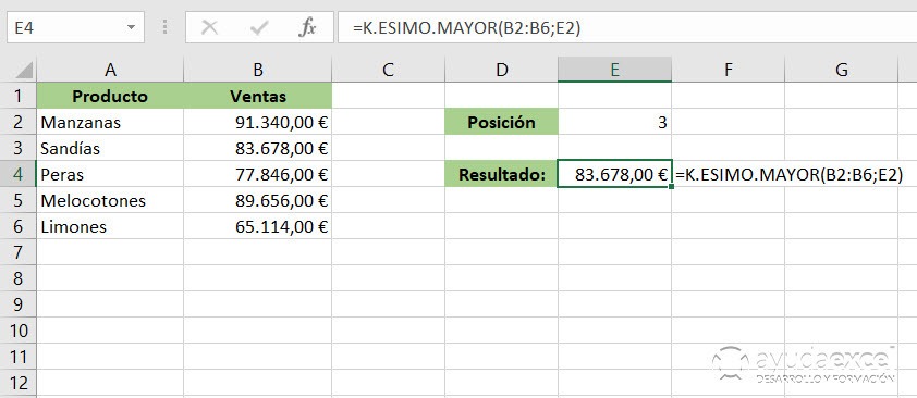 Excel k.esimo.mayor función