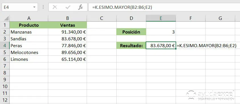 Excel k.esimo.mayor función