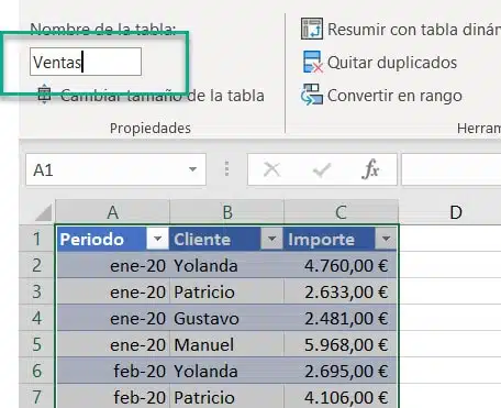 Dar nombre a una tabla de Excel