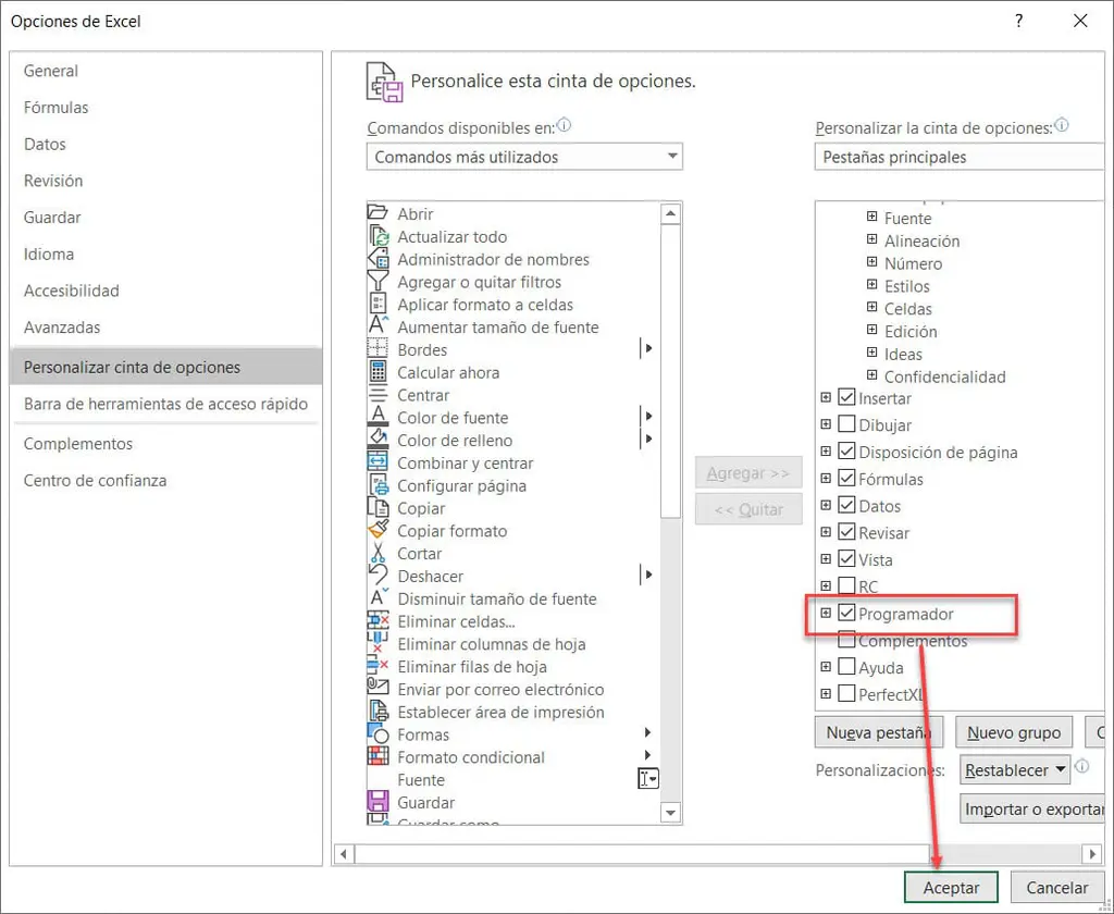 Opciones excel cinta