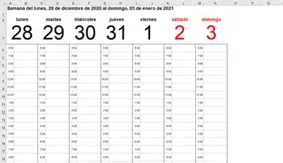 Calendario semanal 2021 Excel plantilla