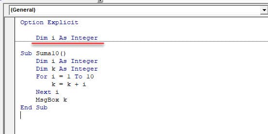 declaracion variables módulo vba