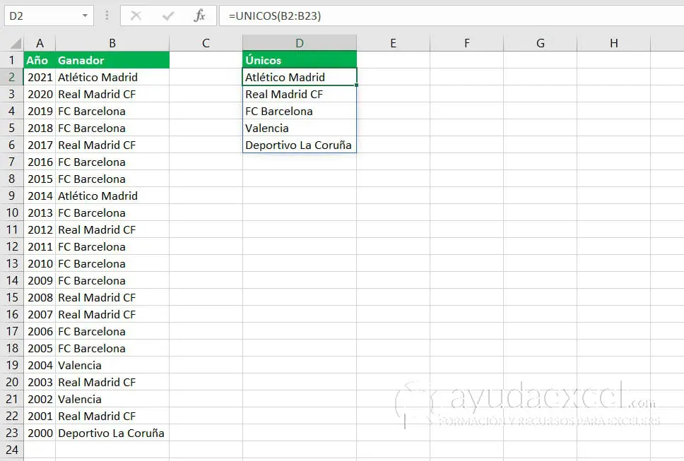 Función unicos excel