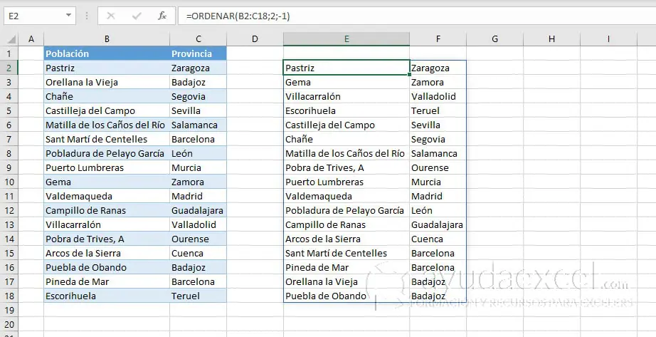 ordenar matriz descendente excel