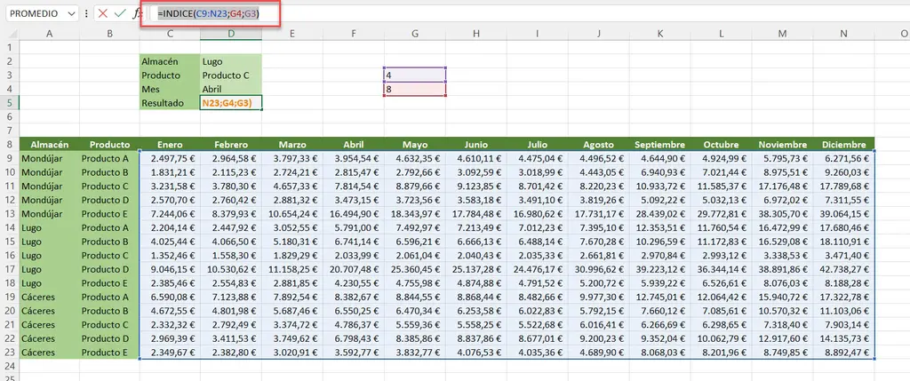 Uso de la función INDICE Excel