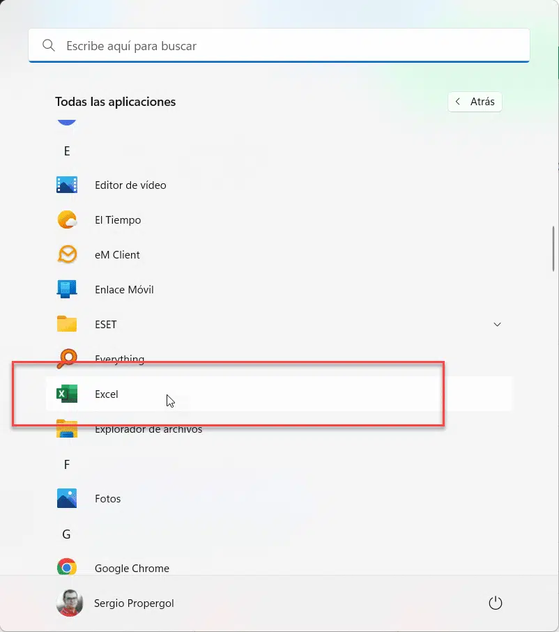 menú windows excel