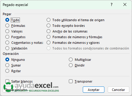 cuadro pegado especial excel