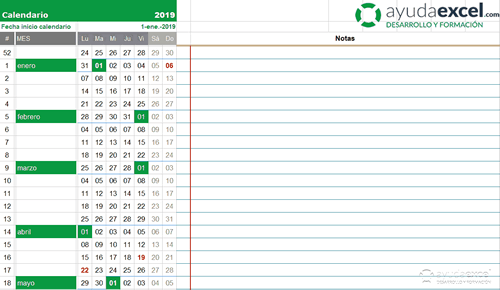 Calendario Excel compacto